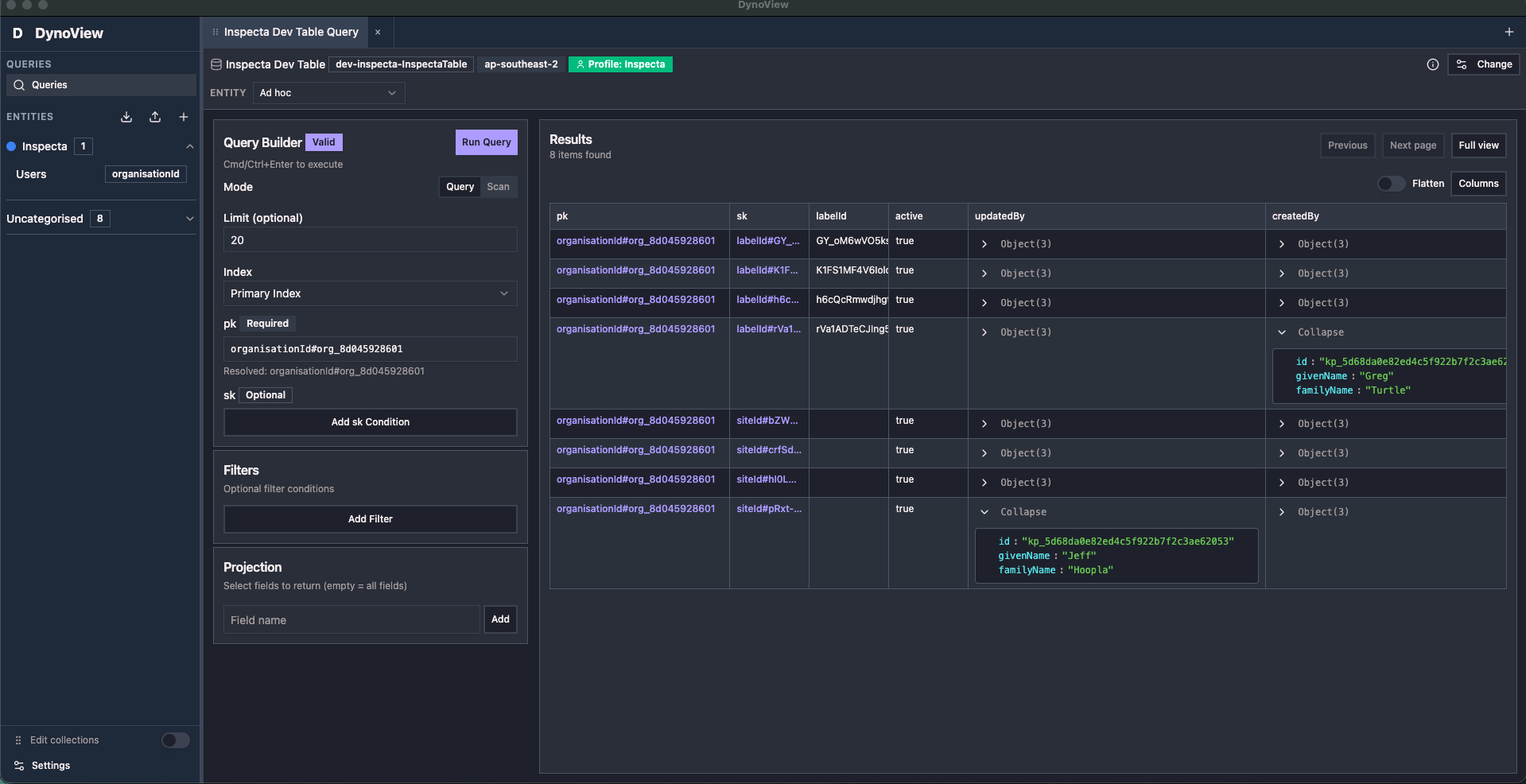 Dyno View - Visual Query Builder showing DynamoDB queries with autocomplete, templates, and inline editing